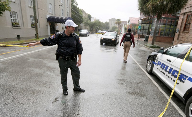 Charleston, S.C. Police Department blocks John St. towards King St. as an active hostage situation is going on in a King St. restaurant in Charleston, S.C.,Thursday, August 24, 2017.(AP Photo/Mic Smith)