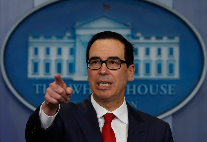 Treasury Secretary Steven Mnuchin speaks during the news briefing at the White House, in Washington, Friday, Aug. 25, 2017. (AP Photo/Carolyn Kaster)