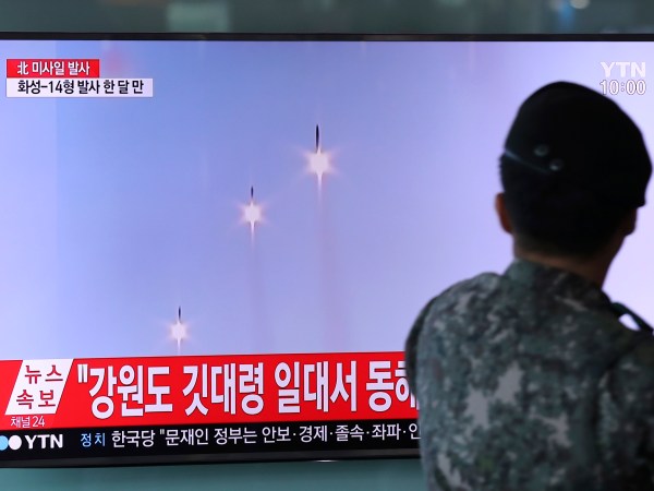 A South Korean soldier watches a TV screen showing a local news program reporting on North Korea's missiles at the Seoul Train Station in Seoul, South Korea, Saturday, Aug. 26, 2017. Three North Korea short-range ballistic missiles failed on Saturday, U.S. military officials said, which, if true, would be a temporary setback to Pyongyang's rapid nuclear and missile expansion. The banner on the top read "North Korea's missiles firing." (AP Photo/Lee Jin-man)