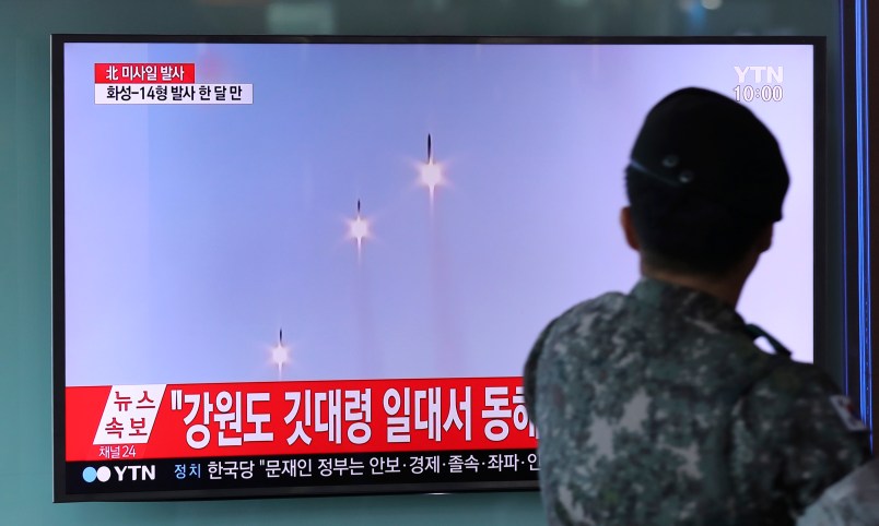 A South Korean soldier watches a TV screen showing a local news program reporting on North Korea's missiles at the Seoul Train Station in Seoul, South Korea, Saturday, Aug. 26, 2017. Three North Korea short-range ballistic missiles failed on Saturday, U.S. military officials said, which, if true, would be a temporary setback to Pyongyang's rapid nuclear and missile expansion. The banner on the top read "North Korea's missiles firing." (AP Photo/Lee Jin-man)