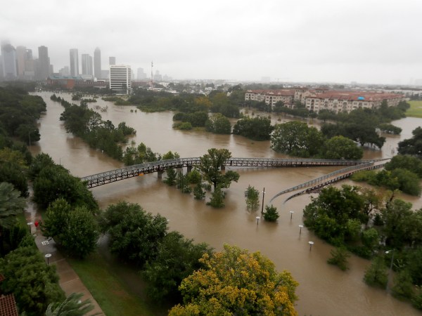 An overhead view of the flooding in Houston, from Buffalo Bayou on Memorial Drive and Allen Parkway, as heavy rains continue falling from Tropical Storm Harvey, Monday, Aug. 28, 2017. Houston was still largely paralyzed Monday, and there was no relief in sight from the storm that spun into Texas as a Category 4 hurricane, then parked itself over the Gulf Coast. (Karen Warren/Houston Chronicle via AP)
