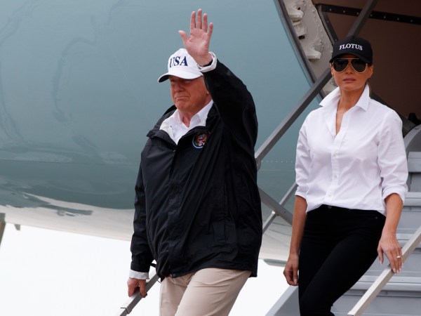 President Donald Trump and first lady Melania Trump arrive at Corpus Christi International airport for briefings on Hurricane Harvey relief efforts, Tuesday, Aug. 29, 2017, in Corpus Christi, Texas. (AP Photo/Evan Vucci)