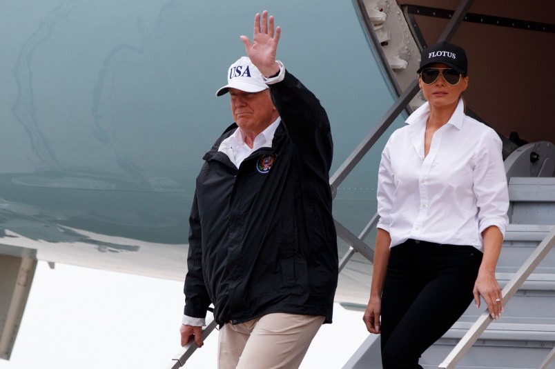 President Donald Trump and first lady Melania Trump arrive at Corpus Christi International airport for briefings on Hurricane Harvey relief efforts, Tuesday, Aug. 29, 2017, in Corpus Christi, Texas. (AP Photo/Evan Vucci)