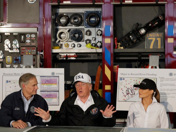 President Donald Trump and first lady Melania Trump arrive take part in a briefing on Hurricane Harvey relief efforts at Firehouse 5, Tuesday, August 29, 2017, in Corpus Christi, Texas. (AP Photo/Evan Vucci)