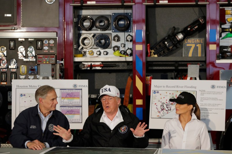 President Donald Trump and first lady Melania Trump arrive take part in a briefing on Hurricane Harvey relief efforts at Firehouse 5, Tuesday, August 29, 2017, in Corpus Christi, Texas. (AP Photo/Evan Vucci)