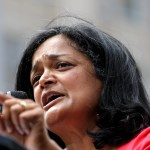 Sen. Pramila Jayapal, D-Seattle, speaks at a rally for Democratic presidential candidate Sen. Bernie Sanders, I-Vt., Saturday, Aug. 8, 2015, in downtown Seattle. (AP Photo/Elaine Thompson)