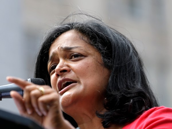 Sen. Pramila Jayapal, D-Seattle, speaks at a rally for Democratic presidential candidate Sen. Bernie Sanders, I-Vt., Saturday, Aug. 8, 2015, in downtown Seattle. (AP Photo/Elaine Thompson)
