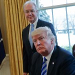 President Donald Trump with Health and Human Services Secretary Tom Price, listens after addressing members of the media regarding the health care overhaul bill, Friday, March 24, 2017, in the Oval Office of the White House in Washington. (AP Photo/Pablo Martinez Monsivais)