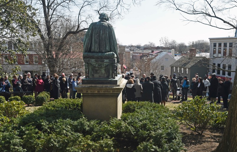 Annapolis, Md.--3/6/17-- On the 160th anniversary of the Dred Scott decision by U.S. Supreme Court Chief Justice Roger Taney, descendants of Scott and Taney come together at the Taney statue in front of the Maryland State House to reconfirm their reconciliation with apology and forgiveness to each others.Kenneth K. Lam/The Baltimore Sun {fabs} md-scott-taney-reconciliation Lam...Baltimore Sun Media Group Photo. No Mags, No Sales, No Inernet, No TV, No Digital Manipulation, Baltimore Out...