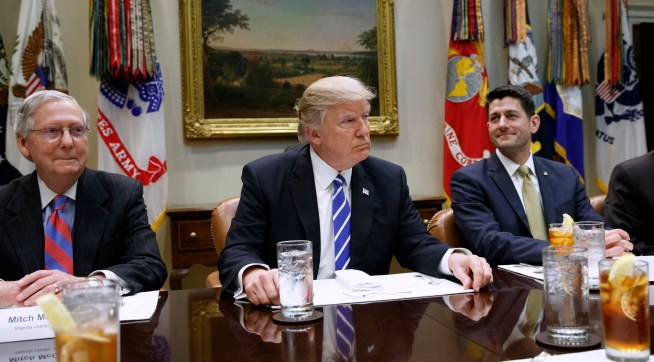 President Donald Trump hosts a meeting with House and Senate leadership in the Roosevelt Room of the White House, Wednesday, March 1, 2017, in Washington. From left, Senate Majority Leader Mitch McConnell, R-Ky., Trump, and Speaker of the House Paul Ryan, R-Wis. (AP Photo/Evan Vucci)