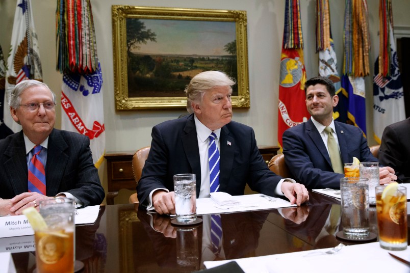 President Donald Trump hosts a meeting with House and Senate leadership in the Roosevelt Room of the White House, Wednesday, March 1, 2017, in Washington. From left, Senate Majority Leader Mitch McConnell, R-Ky., Trump, and Speaker of the House Paul Ryan, R-Wis. (AP Photo/Evan Vucci)