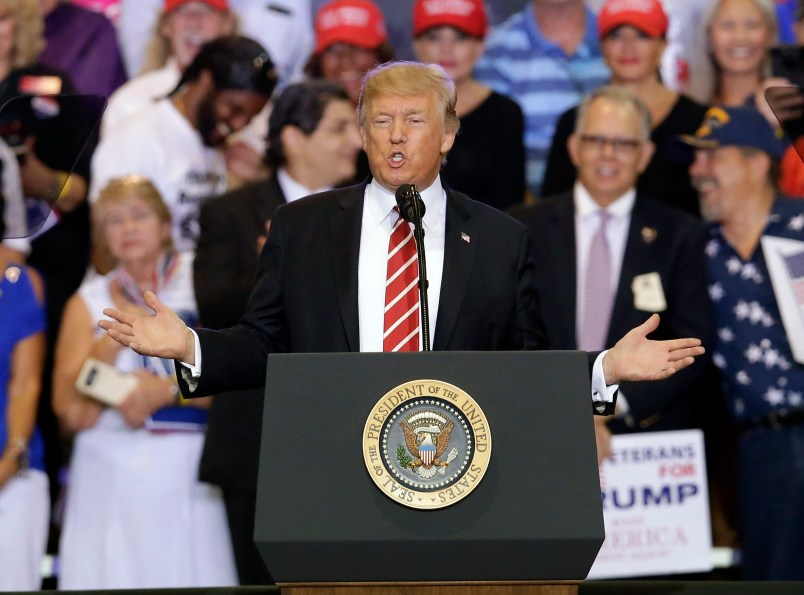 President Donald Trump speaks at a rally, Tuesday, Aug.22, 2017, in Phoenix. (AP Photo/Rick Scuteri)