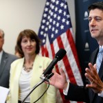 Majority Leader Kevin McCarthy, R-Calif., left, and Rep. Cathy McMorris Rodgers, R-Wash., chair of the Republican Conference, listen as Speaker of the House Paul Ryan, R-Wis., talks about Harvey relief efforts after a meeting with House Republicans, Wednesday, Sept. 6, 2017, on Capitol Hill in Washington. (AP Photo/Jacquelyn Martin)