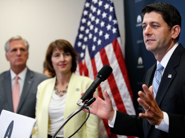 Majority Leader Kevin McCarthy, R-Calif., left, and Rep. Cathy McMorris Rodgers, R-Wash., chair of the Republican Conference, listen as Speaker of the House Paul Ryan, R-Wis., talks about Harvey relief efforts after a meeting with House Republicans, Wednesday, Sept. 6, 2017, on Capitol Hill in Washington. (AP Photo/Jacquelyn Martin)