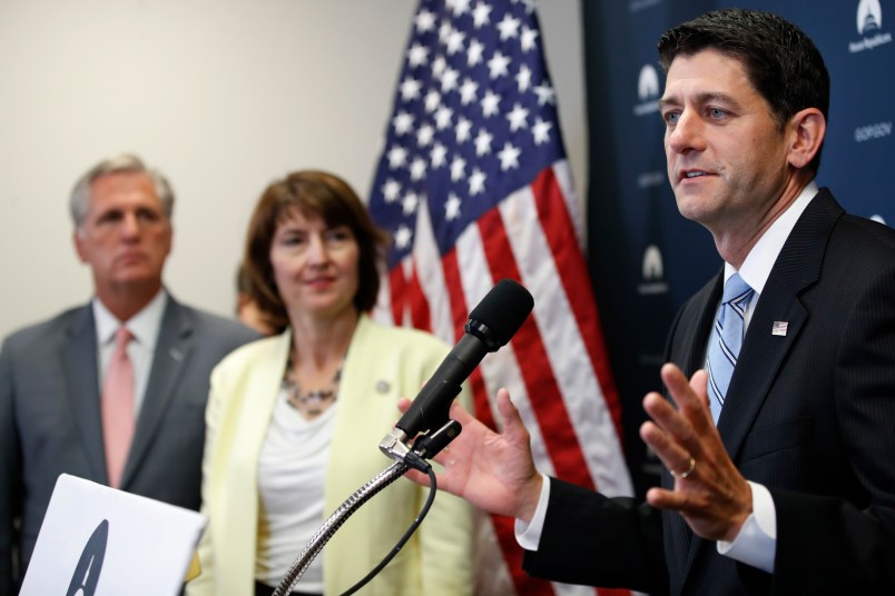 Majority Leader Kevin McCarthy, R-Calif., left, and Rep. Cathy McMorris Rodgers, R-Wash., chair of the Republican Conference, listen as Speaker of the House Paul Ryan, R-Wis., talks about Harvey relief efforts after a meeting with House Republicans, Wednesday, Sept. 6, 2017, on Capitol Hill in Washington. (AP Photo/Jacquelyn Martin)