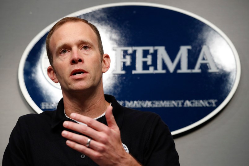 Federal Emergency Management Agency (FEMA) Administrator Brock Long speaks during a news conference in Washington, Thursday, Aug. 31, 2017, about Harvey’s devastating flooding. (AP Photo/Jacquelyn Martin)