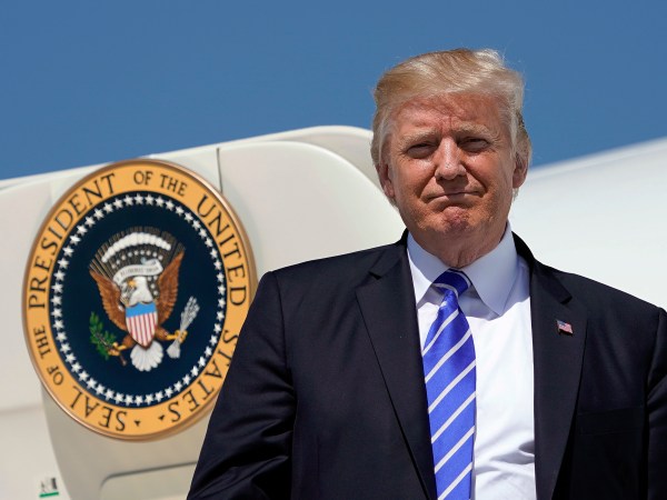 President Donald Trump during his arrival at Bismark Municipal Airport, Wednesday, Sept. 6, 2017 in Bismark, N.D. Trump is in North Dakota to promote his tax overhaul pitch. (AP Photo/Pablo Martinez Monsivais)