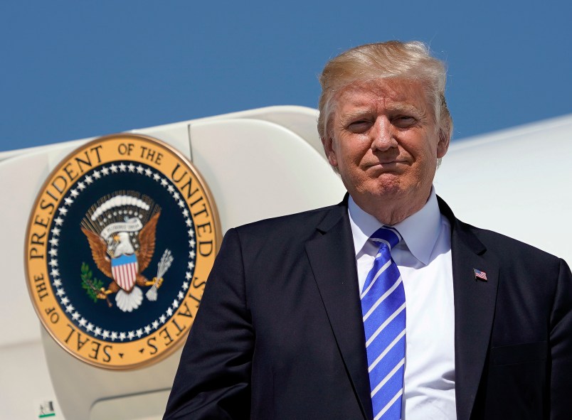 President Donald Trump during his arrival at Bismark Municipal Airport, Wednesday, Sept. 6, 2017 in Bismark, N.D. Trump is in North Dakota to promote his tax overhaul pitch. (AP Photo/Pablo Martinez Monsivais)