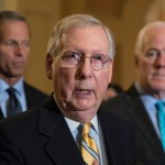 Senate Majority Leader Mitch McConnell, R-Ky., flanked by Sen. John Thune, R-S.D., left, and Majority Whip John Cornyn, R-Texas, holds a news conference at the Capitol after President Donald Trump overruled congressional Republicans and his own treasury secretary and cut a deal with Democrats to fund the government and raise the federal borrowing limit for three months, all part of an agreement to speed money to Harvey relief, in Washington, Wednesday, Sept. 6, 2017.    (AP Photo/J. Scott Applewhite)