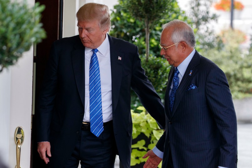 President Donald Trump greets Malaysian Prime Minister Najib Razak at the White House, Tuesday, Sept. 12, 2017, in Washington. (AP Photo/Evan Vucci)