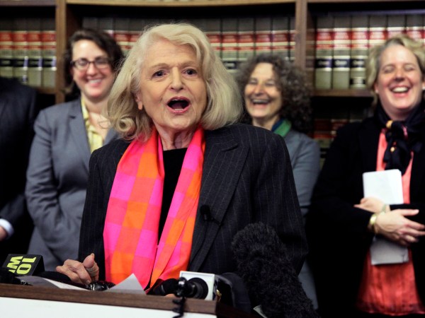 HFS     FILE - This Oct. 18, 2012 file photo shows Edith Windsor as she addresses a news conference at the offices of the New York Civil Liberties Union, in New York.  (AP Photo/Richard Drew, File)
