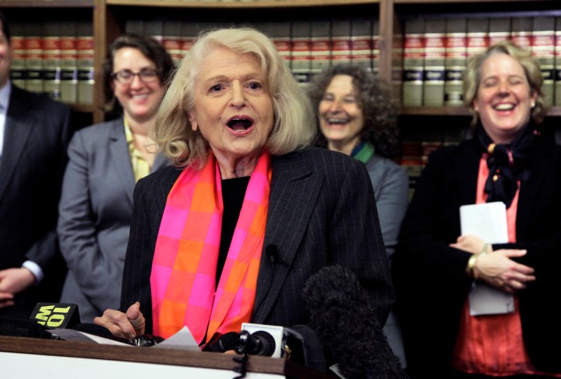 HFS     FILE - This Oct. 18, 2012 file photo shows Edith Windsor as she addresses a news conference at the offices of the New York Civil Liberties Union, in New York.  (AP Photo/Richard Drew, File)