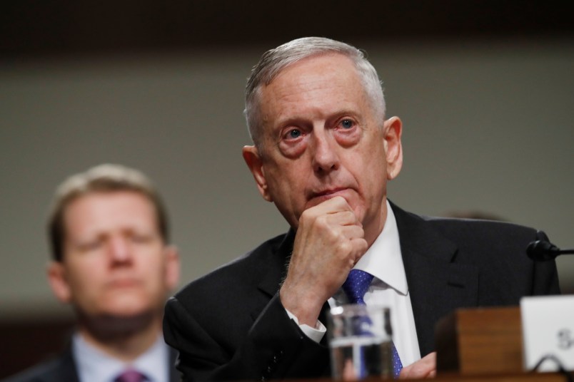 Defense Secretary Jim Mattis listens on Capitol Hill in Washington, Tuesday June 13, 2017, while testifying before the Senate Armed Services Committee hearing on the Pentagon's budget. (AP Photo/Jacquelyn Martin)