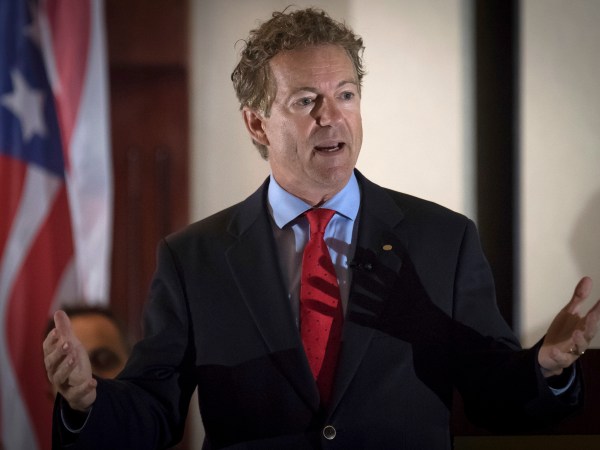 Senator Rand Paul, R-Ky., speaks to supporters gathered at The Champions of Liberty Rally in Hebron, Ky., Friday, August 11, 2017.  Sen Paul was joined at the fundraising event by Kentucky Gov. Matt Bevin, and U.S. Reps Thomas Massie, R-Ky., and Jim Jordan, R-Ohio. (AP Photo/Bryan Woolston)