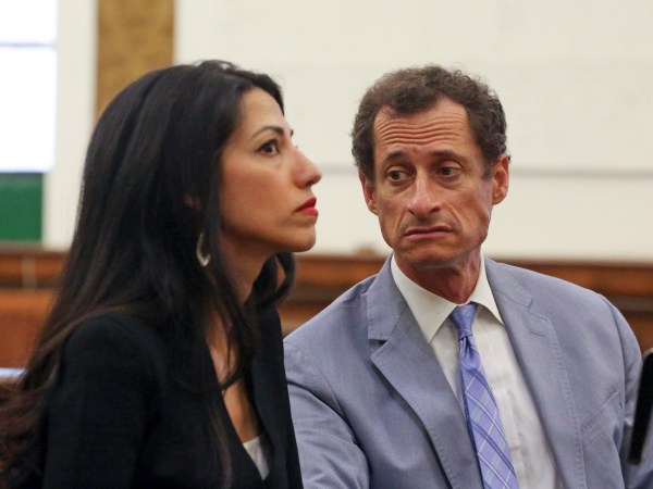 Anthony Weiner, right, and Huma Abedin appear in court in New York on Wednesday, Sept. 13, 2017. The couple asked a New York City judge to ask for privacy in their divorce case. (Jefferson Siegel/The Daily News via AP, Pool)