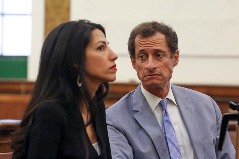 Anthony Weiner, right, and Huma Abedin appear in court in New York on Wednesday, Sept. 13, 2017. The couple asked a New York City judge to ask for privacy in their divorce case. (Jefferson Siegel/The Daily News via AP, Pool)