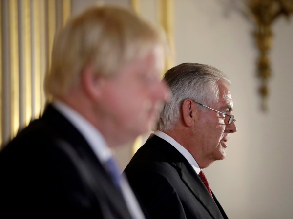 Britain's Foreign Secretary Boris Johnson and U.S. Secretary of State Rex Tillerson hold a press conference after their meeting on Libya at Lancaster House in London, Thursday, Sept. 14, 2017. (AP Photo/Matt Dunham, Pool)