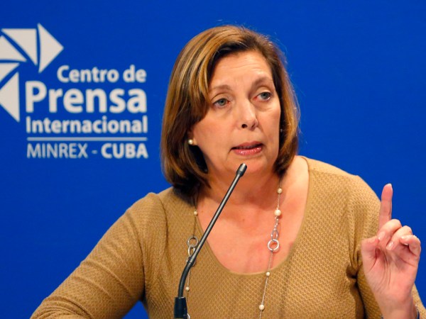 Josefina Vidal, Cuba's director-general of U.S. affairs, speaks to reporters in Havana, Cuba, Thursday, Jan. 12, 2017, after President Barack Obama announced he is ending the immigration policy that allows any Cuban who makes it to U.S. soil to stay and become a legal resident. The Cuban government praised the move. (AP Photo/Desmond Boylan)