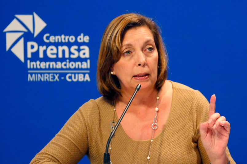 Josefina Vidal, Cuba's director-general of U.S. affairs, speaks to reporters in Havana, Cuba, Thursday, Jan. 12, 2017, after President Barack Obama announced he is ending the immigration policy that allows any Cuban who makes it to U.S. soil to stay and become a legal resident. The Cuban government praised the move. (AP Photo/Desmond Boylan)