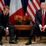 President Donald Trump jokes with French President Emmanuel Macron during a meeting at the Palace Hotel during the United Nations General Assembly, Monday, Sept. 18, 2017, in New York. (AP Photo/Evan Vucci)