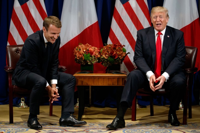 President Donald Trump jokes with French President Emmanuel Macron during a meeting at the Palace Hotel during the United Nations General Assembly, Monday, Sept. 18, 2017, in New York. (AP Photo/Evan Vucci)