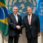 Brazil's President Michel Temer, left, is greeted by United Nations Secretary-General Antonio Guterres before a meeting Tuesday, Sept. 19, 2017, at U.N. headquarters. (AP Photo/Craig Ruttle)
