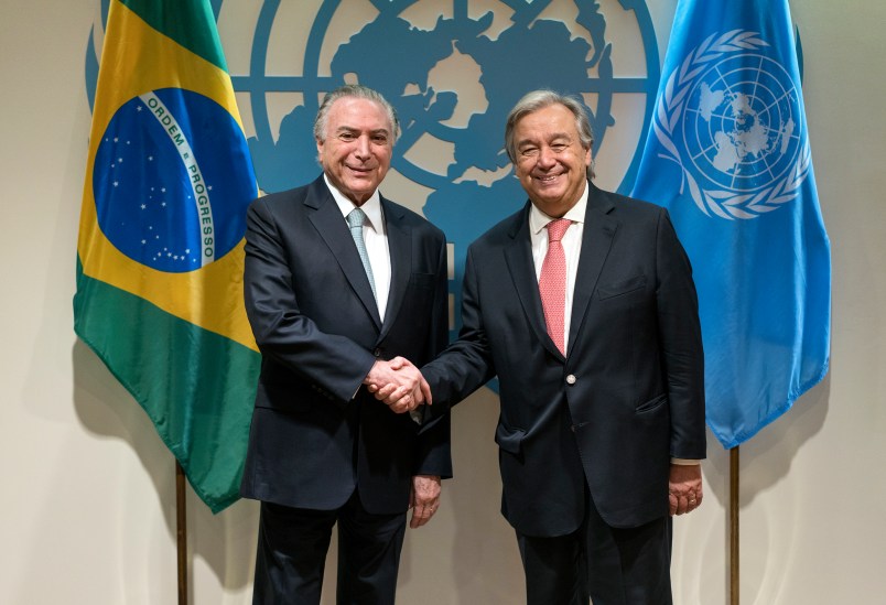 Brazil's President Michel Temer, left, is greeted by United Nations Secretary-General Antonio Guterres before a meeting Tuesday, Sept. 19, 2017, at U.N. headquarters. (AP Photo/Craig Ruttle)