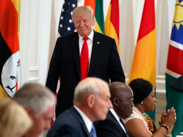 President Donald Trump walks to his seat after speaking during a luncheon with African leaders at the Palace Hotel during the United Nations General Assembly, Wednesday, Sept. 20, 2017, in New York. (AP Photo/Evan Vucci)