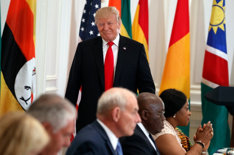 President Donald Trump walks to his seat after speaking during a luncheon with African leaders at the Palace Hotel during the United Nations General Assembly, Wednesday, Sept. 20, 2017, in New York. (AP Photo/Evan Vucci)