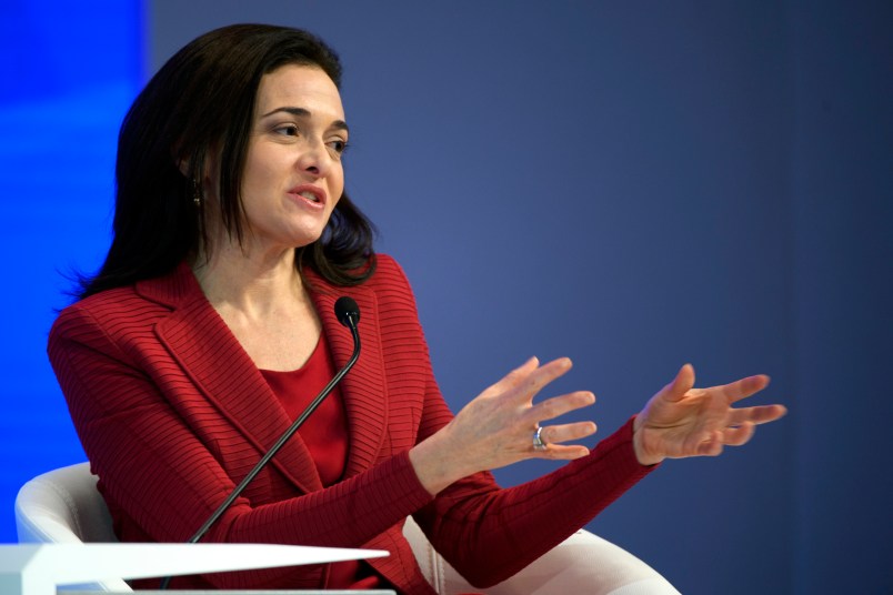 Chief Operating Officer of Facebook, Sheryl Sandberg speaks during a plenary session in the Congress Hall during the 47th annual meeting of the World Economic Forum, WEF, in Davos, Switzerland, Wednesday, January 18, 2017. The meeting brings together enterpreneurs, scientists, chief executive and political leaders in Davos January 17 to 20.(KEYSTONE/Laurent Gillieron)