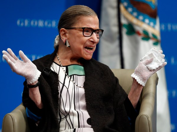 U.S. Supreme Court Justice Ruth Bader Ginsburg reacts to applause as she is introduced by William Treanor, Dean and Executive Vice President of Georgetown University Law Center, at the Georgetown University Law Center campus in Washington, Wednesday, Sept. 20, 2017. (AP Photo/Carolyn Kaster)