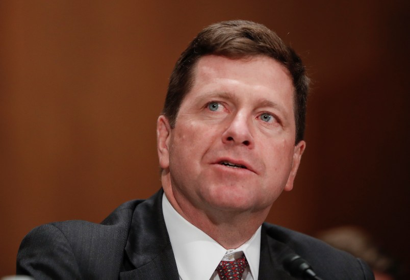Securities and Exchange Commission (SEC) Chairman nominee Jay Clayton testifies on Capitol Hill in Washington, Thursday, March 23, 2017, at his confirmation hearing before the Senate Banking Committee.  (AP Photo/Pablo Martinez Monsivais)