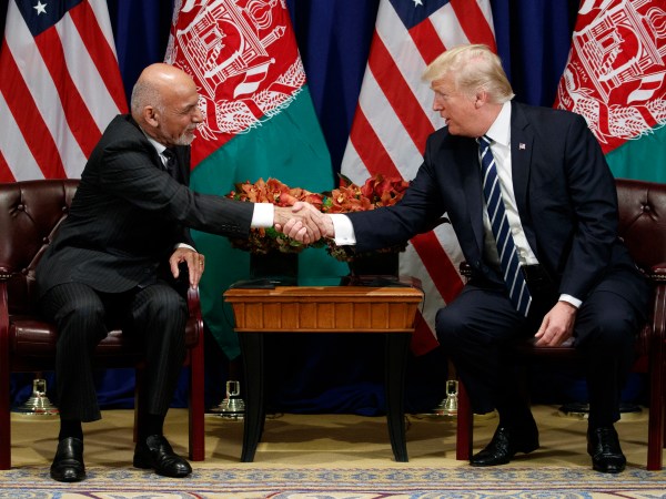 President Donald Trump shakes hands with Afghan President Ashraf Ghani at the Palace Hotel during the United Nations General Assembly, Thursday, Sept. 21, 2017, in New York. (AP Photo/Evan Vucci)