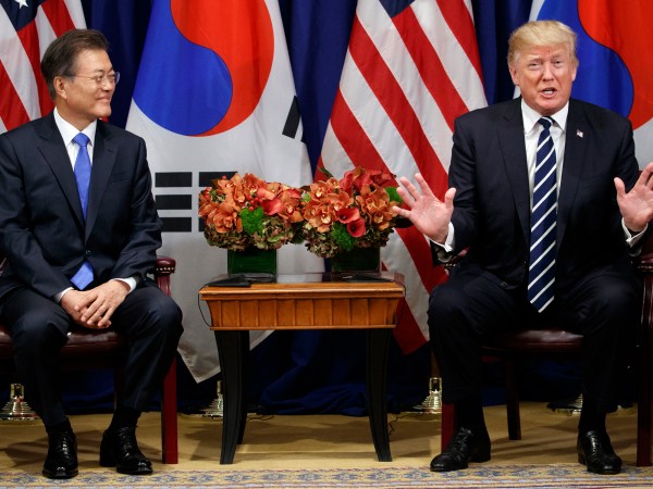 President Donald Trump speaks at a meeting with South Korean President Moon Jae-in at the Palace Hotel during the United Nations General Assembly, Thursday, Sept. 21, 2017, in New York. (AP Photo/Evan Vucci)