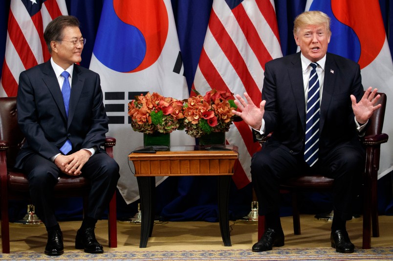 President Donald Trump speaks at a meeting with South Korean President Moon Jae-in at the Palace Hotel during the United Nations General Assembly, Thursday, Sept. 21, 2017, in New York. (AP Photo/Evan Vucci)