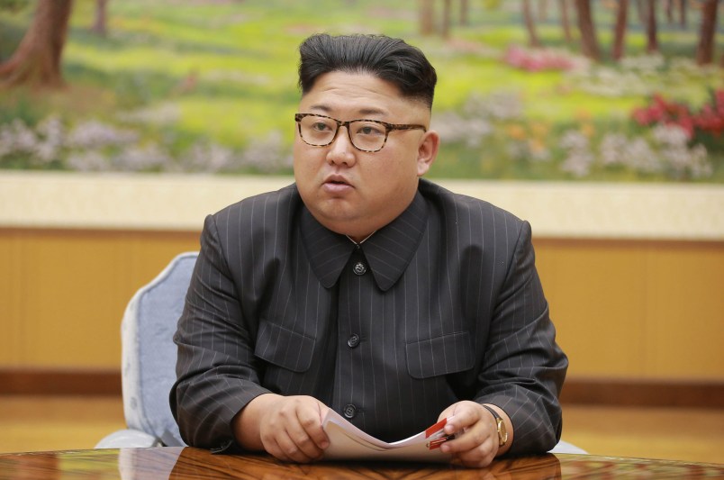 In this Sept. 3, 2017, image distributed on Monday, Sept. 4, 2017, by the North Korean government, North Korea's leader Kim Jong Un holds a meeting of the ruling party's presidium. North Korea claimed a "perfect success" for its most powerful nuclear test so far, a further step in the development of weapons capable of striking anywhere in the United States. Independent journalists were not given access to cover the event depicted in this image distributed by the North Korean government. The content of this image is as provided and cannot be independently verified. (Korean Central News Agency/Korea News Service via AP)