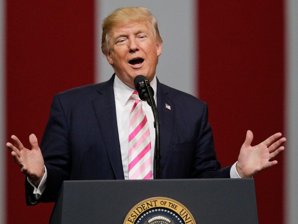 President Donald Trump speaks at a campaign rally in support of Sen. Luther Strange, Friday, Sept. 22, 2017, in Huntsville, Ala. (AP Photo/Brynn Anderson)