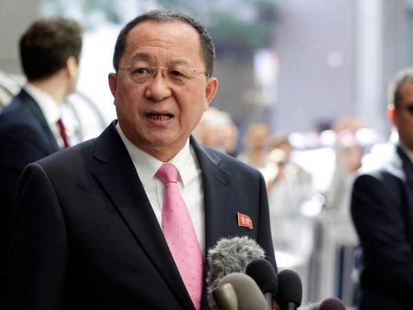 North Korea's Foreign Minister Ri Yong Ho speaks outside the U.N. Plaza Hotel, in New York, Monday, Sept. 25, 2017. (AP Photo/Richard Drew)