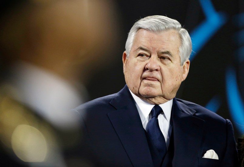 Carolina Panthers owner Jerry Richardson watches before the NFL football NFC Championship game against the Arizona Cardinals, Sunday, Jan. 24, 2016, in Charlotte, N.C. (AP Photo/Bob Leverone)