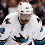 San Jose Sharks right wing Joel Ward lines up against the Arizona Coyotes during the third period of an NHL hockey game in Glendale, Ariz., Saturday, Feb. 18, 2017. (AP Photo/Chris Carlson)